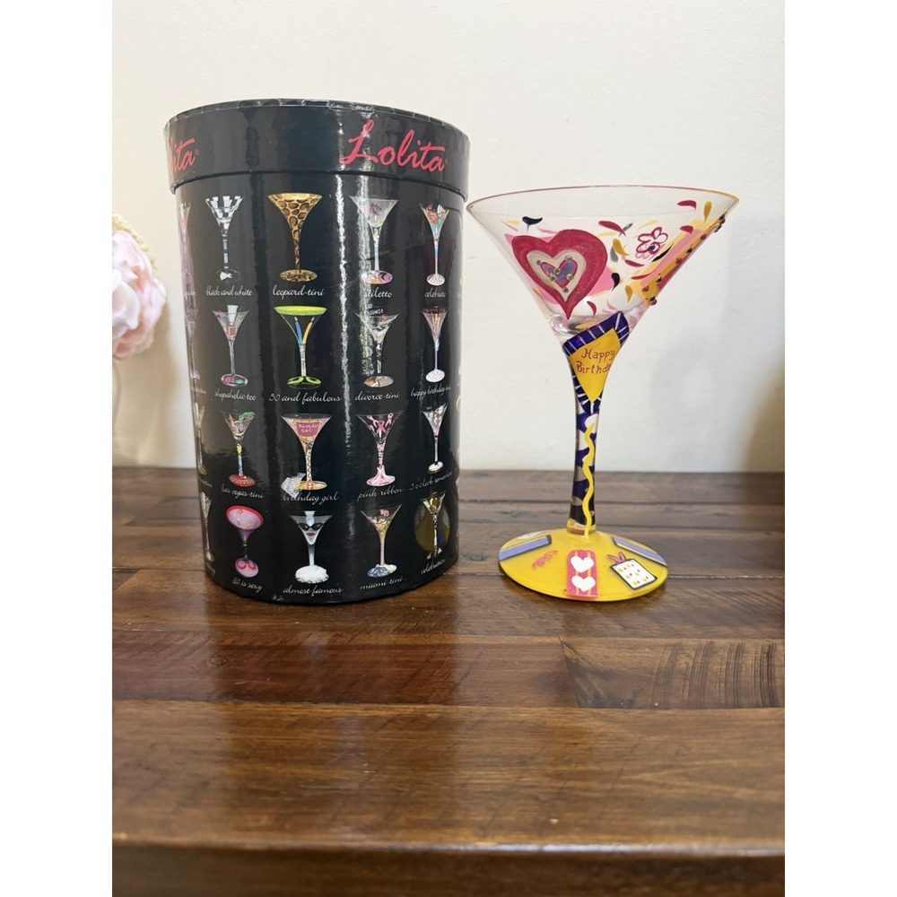 Lolita Birthday Girl Martini Glass Hand Painted W Recipe 7.5 Oz  In Orig Box - Picture 3 of 9